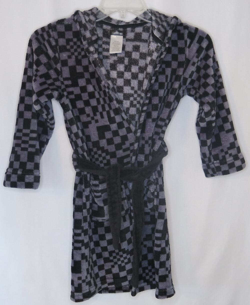 Cuddl Duds Youth Hooded Bath Robe Size M 8/10 Kids Gray Black Belt Pockets Cozy
